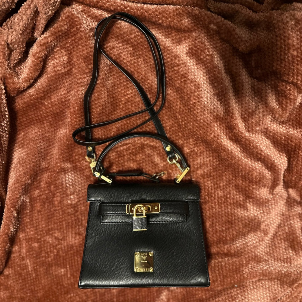 MCM Mini Heritage Satchel | Vintage | Black | Gold | Top Handle | Kelly